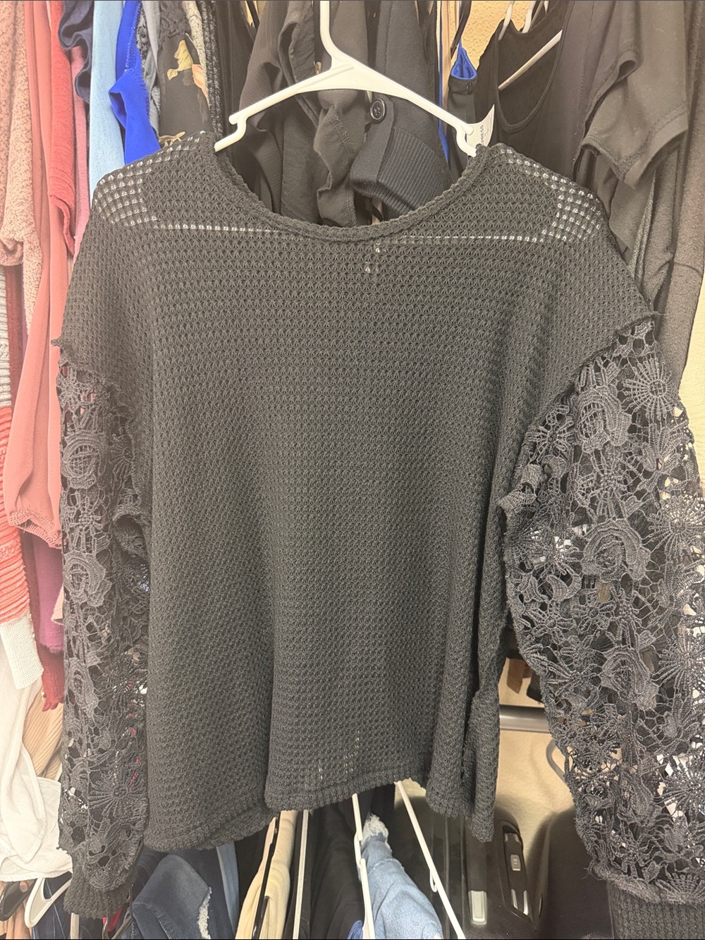 Black Lace-Sleeve Knit Top - Women